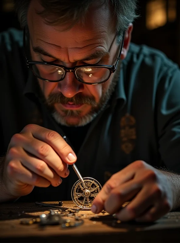 A close-up shot of Steve Fletcher, the clock expert on 'The Repair Shop', carefully working on the intricate mechanism of an old till, using small tools and wearing magnifying glasses.