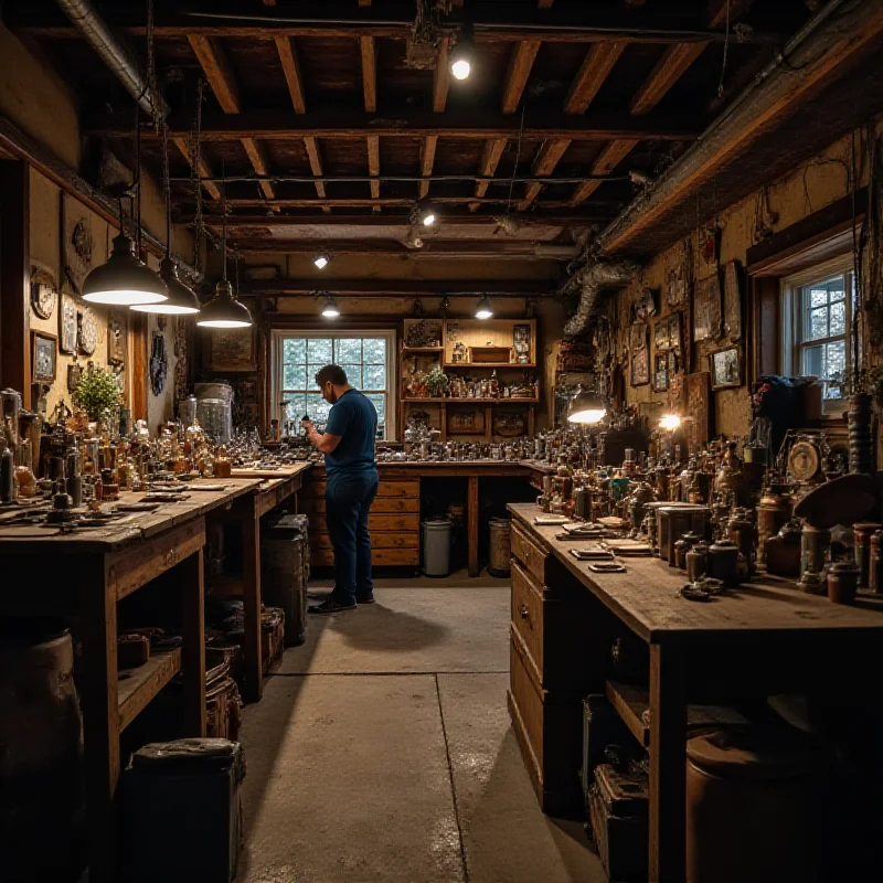 A wide shot of the 'The Repair Shop' workshop, showing various experts working on different restoration projects, with tools and antique items scattered around the tables.