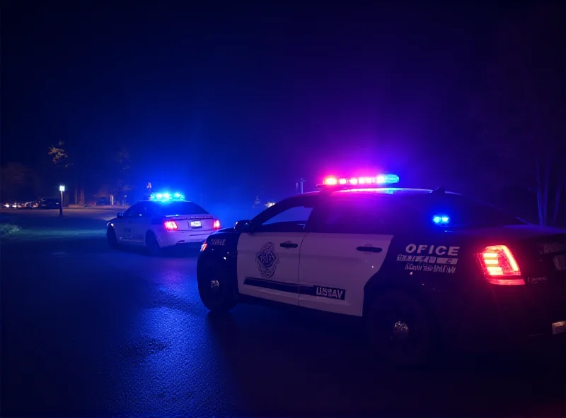 Police car at the scene of a crash, surrounded by trees and emergency lights