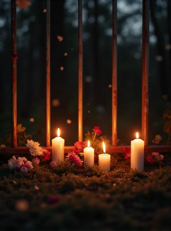 A somber scene depicting a memorial with candles and flowers near a metal fence