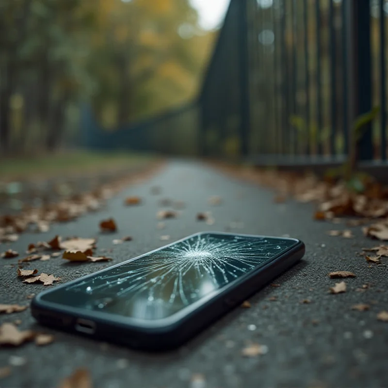 A close-up of a mobile phone lying on the ground near a metal fence, with a blurred background