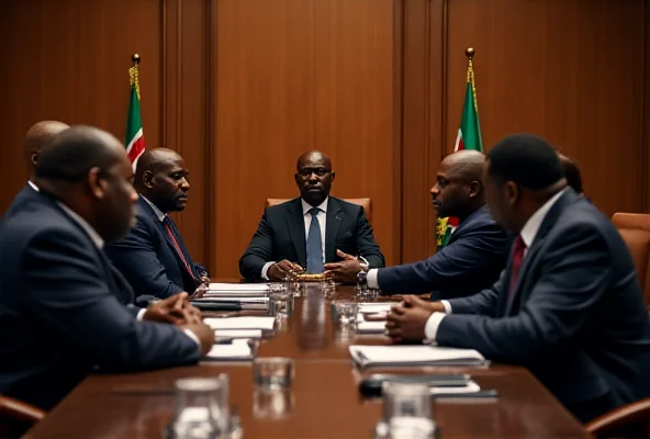 High-level diplomatic meeting between Kenyan and Ugandan officials in a formal setting.