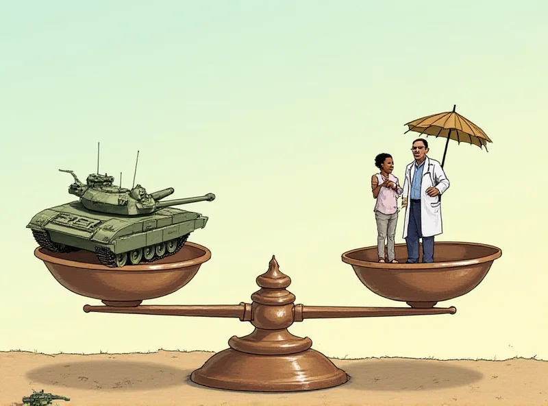 Illustration of a balance scale tipping towards military spending away from humanitarian aid.