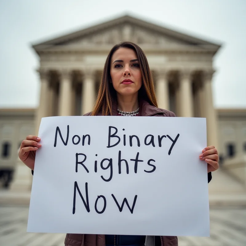 A person standing in front of a courthouse, holding a sign that says Non-Binary Rights Now.