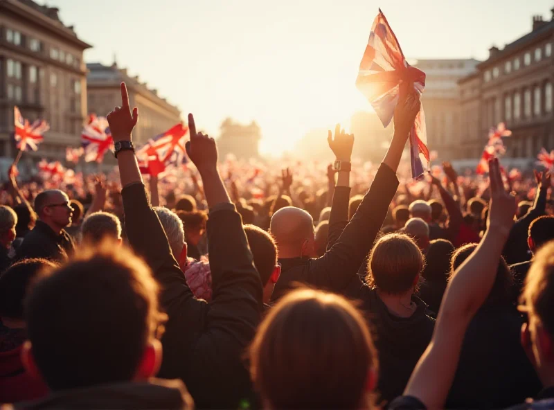 A crowd celebrating VE Day with Union Jack flags waving in the air.