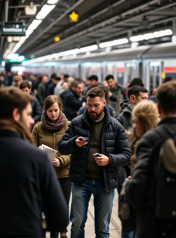 A busy train station platform with commuters waiting for trains.