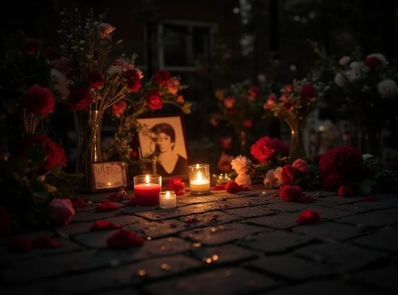 A somber scene depicting a memorial with flowers and candles.
