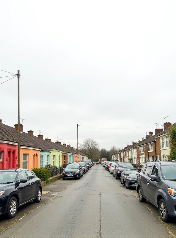 A row of colorful houses in a residential street in the UK.