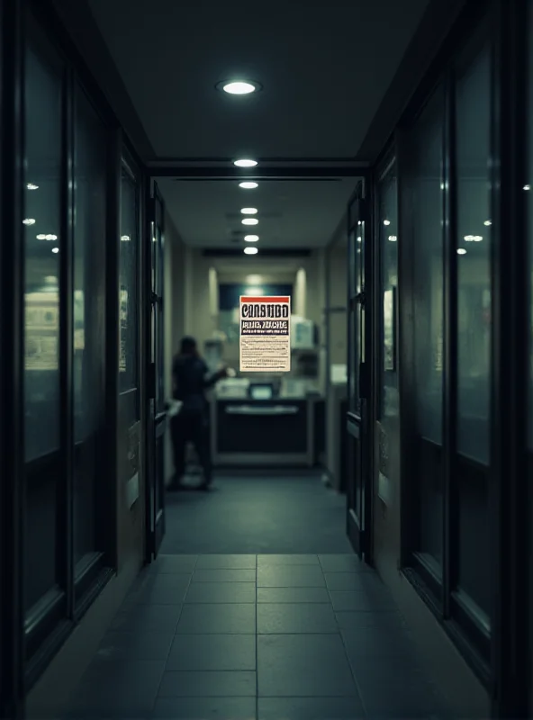Empty bank branch interior with closed sign on the door.