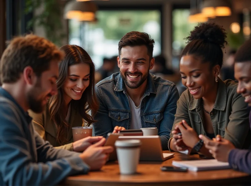 A group of diverse people using smartphones and tablets for online banking.