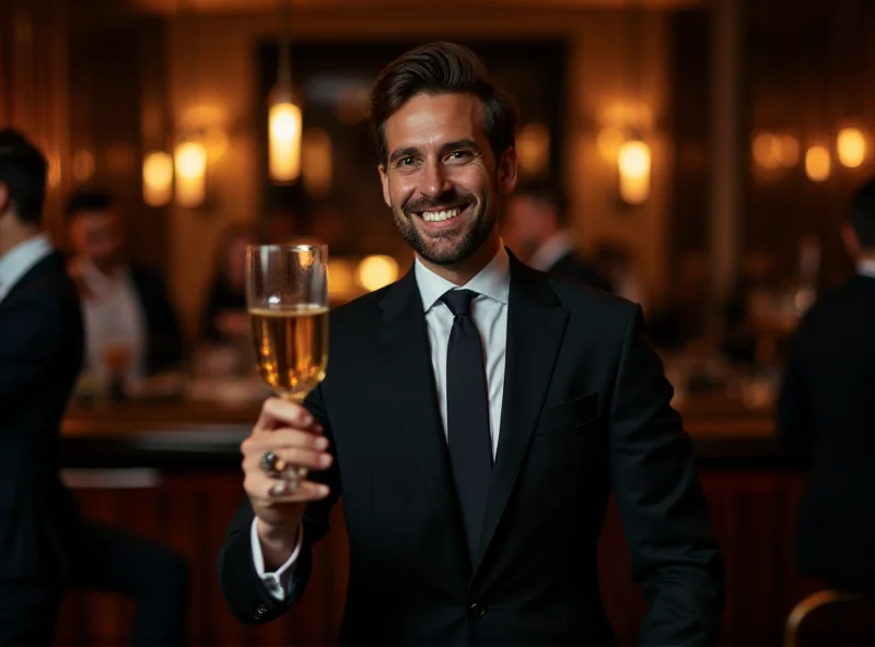 A banker celebrating with a glass of champagne in a luxurious setting