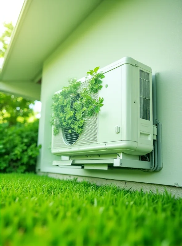 A modern heat pump installed on the side of a house, with green energy symbols around it.
