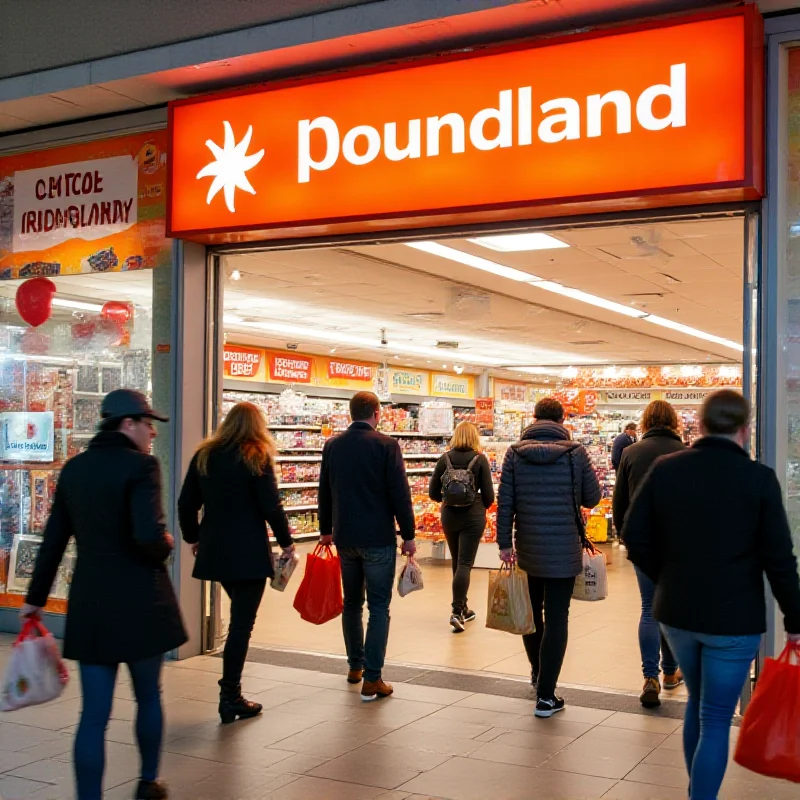 A Poundland store front with shoppers entering and exiting.