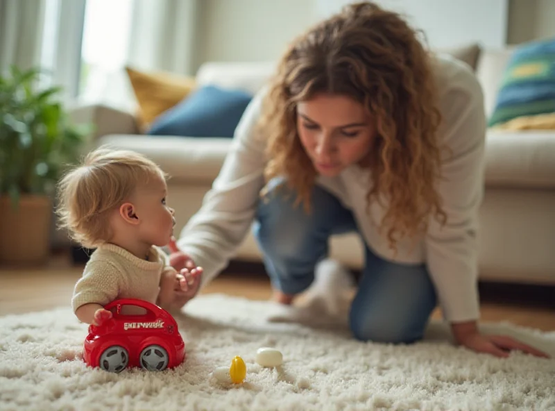 A concerned parent looking at a recalled toy in their home.