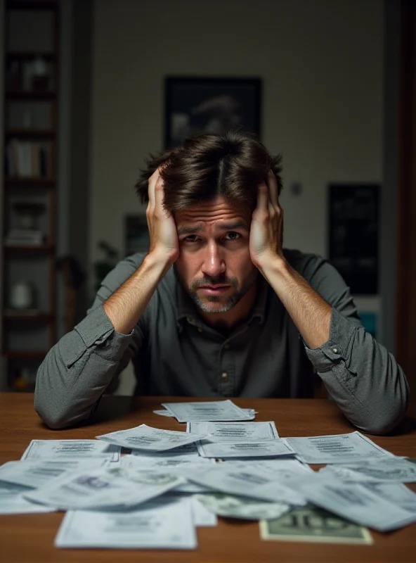A frustrated person looking at a pile of bills with a worried expression. The background depicts a small, cramped apartment.