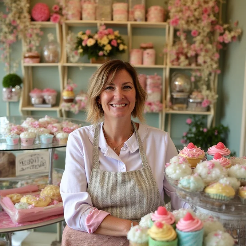 Emily England, the owner of Perfect Cupcakes, standing proudly in her tearoom surrounded by colorful cupcakes and pastries.
