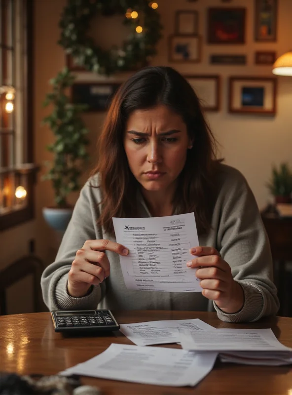 A person sitting at a table with a calculator and energy bill, looking concerned. The background is a cozy living room.