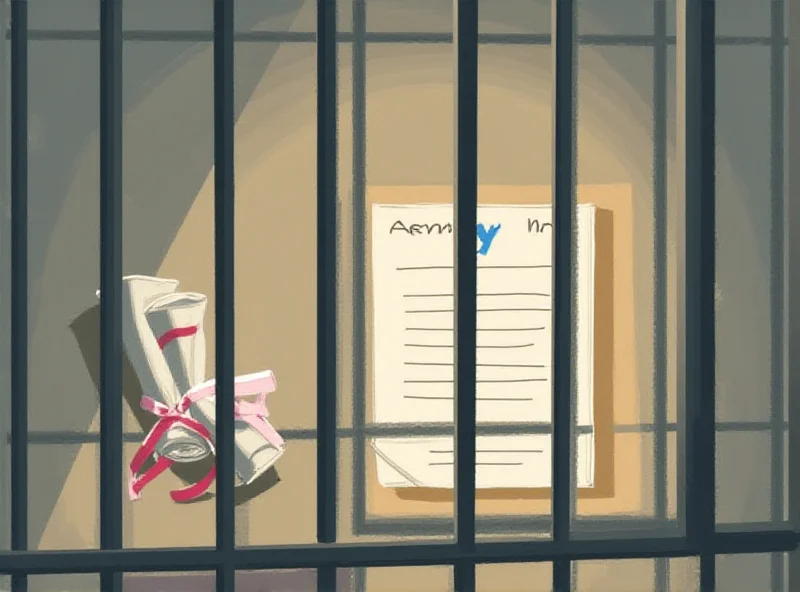 Illustration of prison bars with a diploma and a job application visible through them.