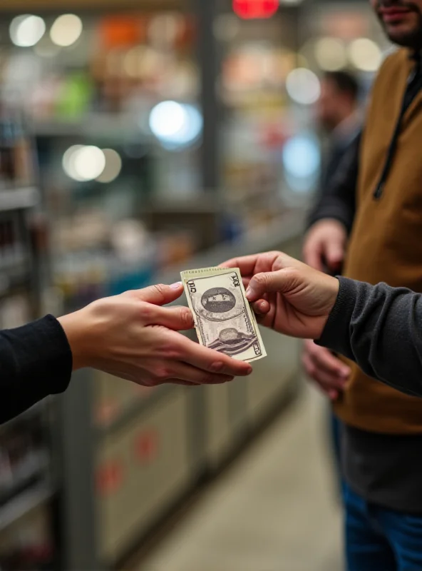 A disabled person handing over cash in a store. The background is slightly blurred to focus on the transaction.