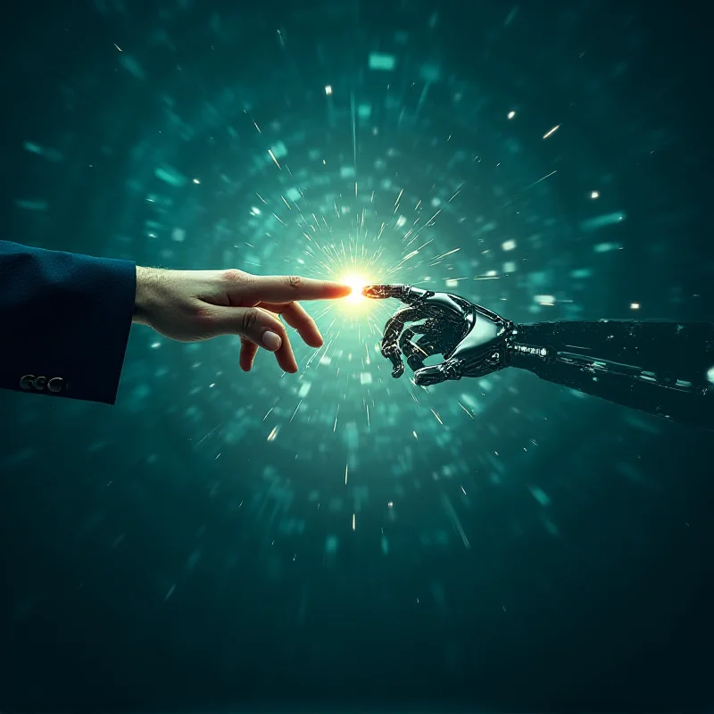 Digital art depicting a human hand reaching out to touch a robotic hand, symbolizing the conflict between human creativity and artificial intelligence.