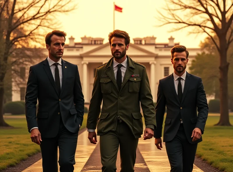 A digital illustration depicting Emmanuel Macron, Volodymyr Zelensky, and Keir Starmer walking together towards the White House.