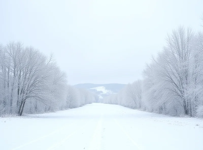 A snowy landscape in the UK with bare trees and a cloudy sky.