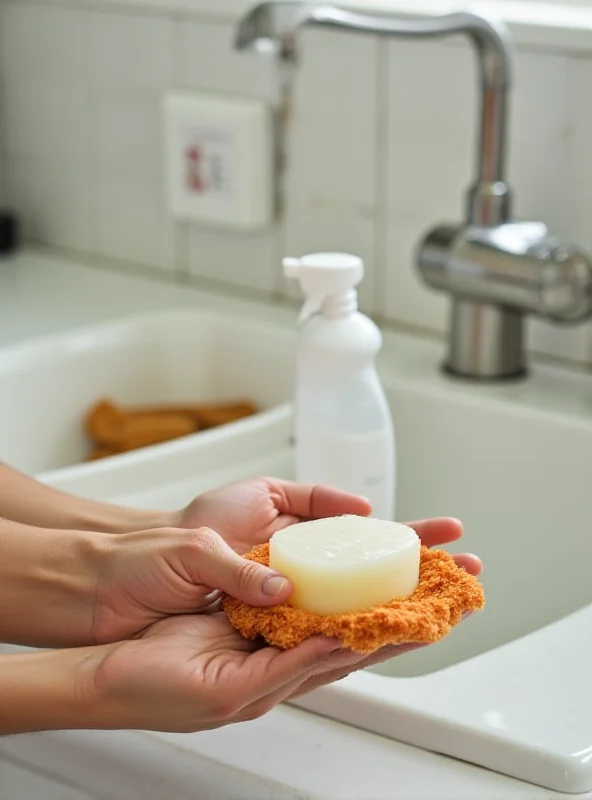 A person holding a solid bar of dish soap with a reusable sponge and a glass spray bottle.