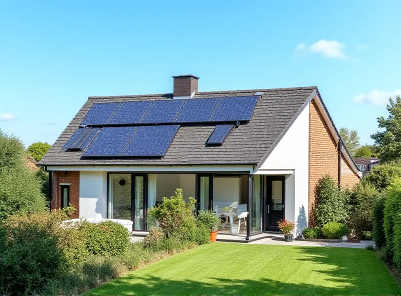 Illustration of a modern UK home with a heat pump installed, showing energy efficiency and environmental friendliness.