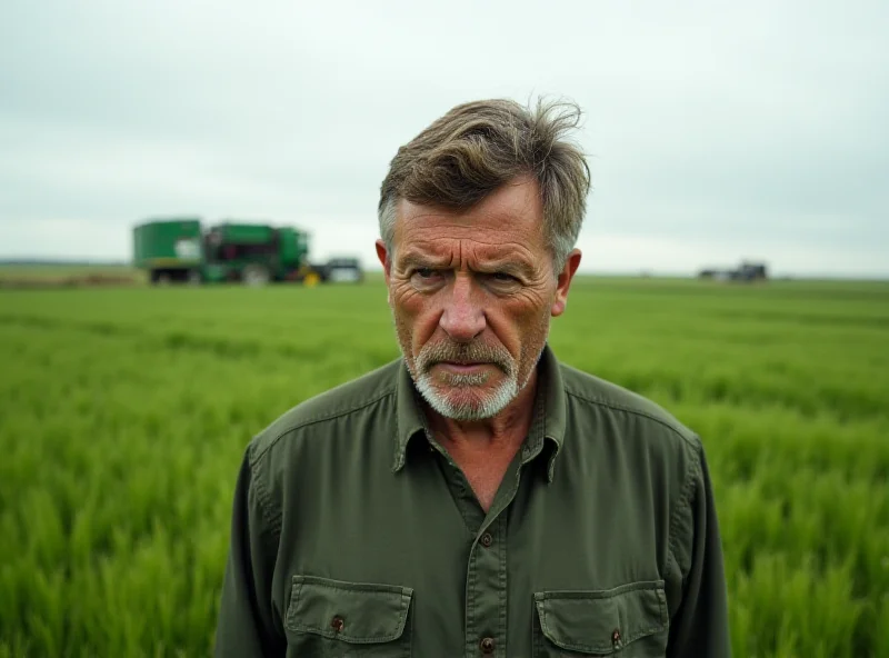 A worried-looking farmer standing in a field, looking concerned about the future of his farm.