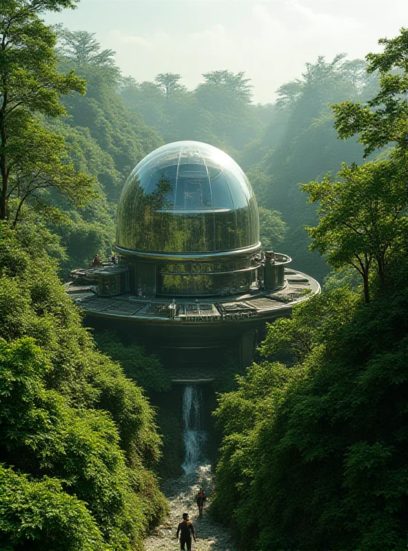A futuristic carbon capture facility with lush greenery surrounding it, symbolizing the balance between technology and nature.