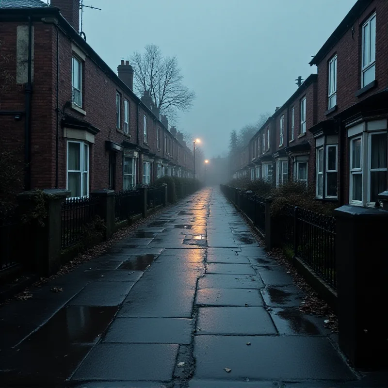 A somber image of Llanelli, Carmarthenshire, with a focus on a residential street, symbolizing the community affected by the tragic murder.