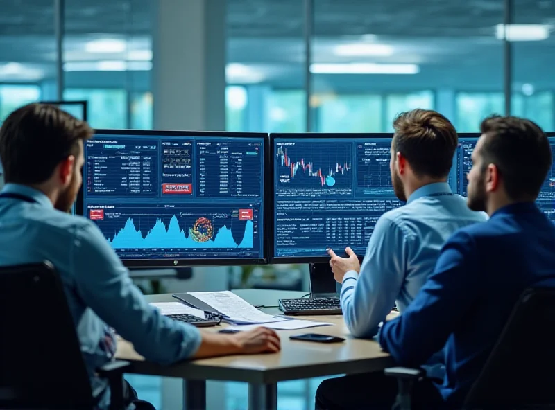 A group of financial analysts reviewing data on multiple computer screens in a modern office setting.