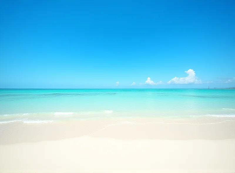 A tranquil, sun-drenched seven-mile beach with clear blue water and soft sand. A few people are scattered along the beach, enjoying the peaceful atmosphere.