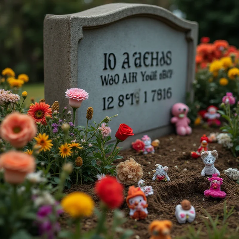 A decorated grave with flowers and mementos.