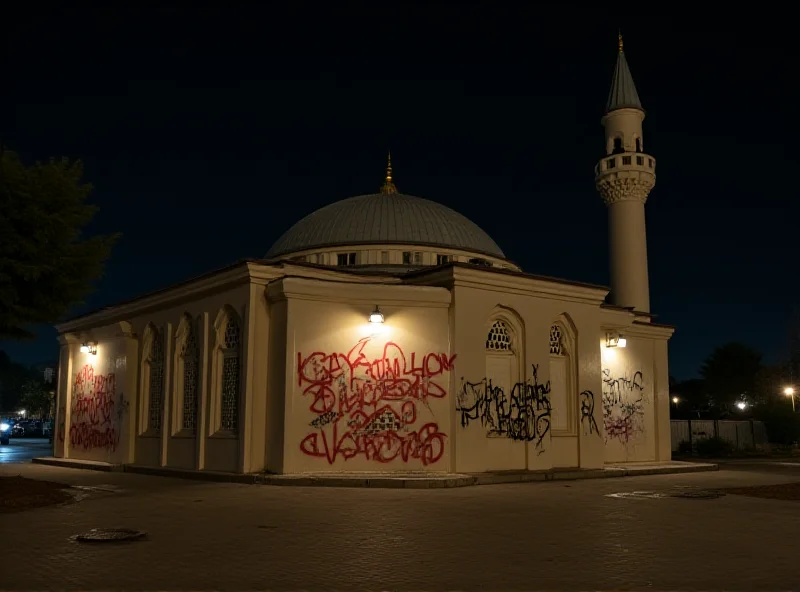 An illustration of a mosque with graffiti on the wall, illuminated by streetlights at night. The scene is slightly blurred to suggest it is a photograph taken at night.