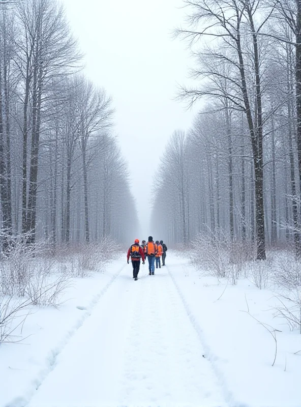 A wide shot of a Polish forest in winter, with snow on the ground and bare trees. Search and rescue personnel are visible in the distance, wearing orange vests.