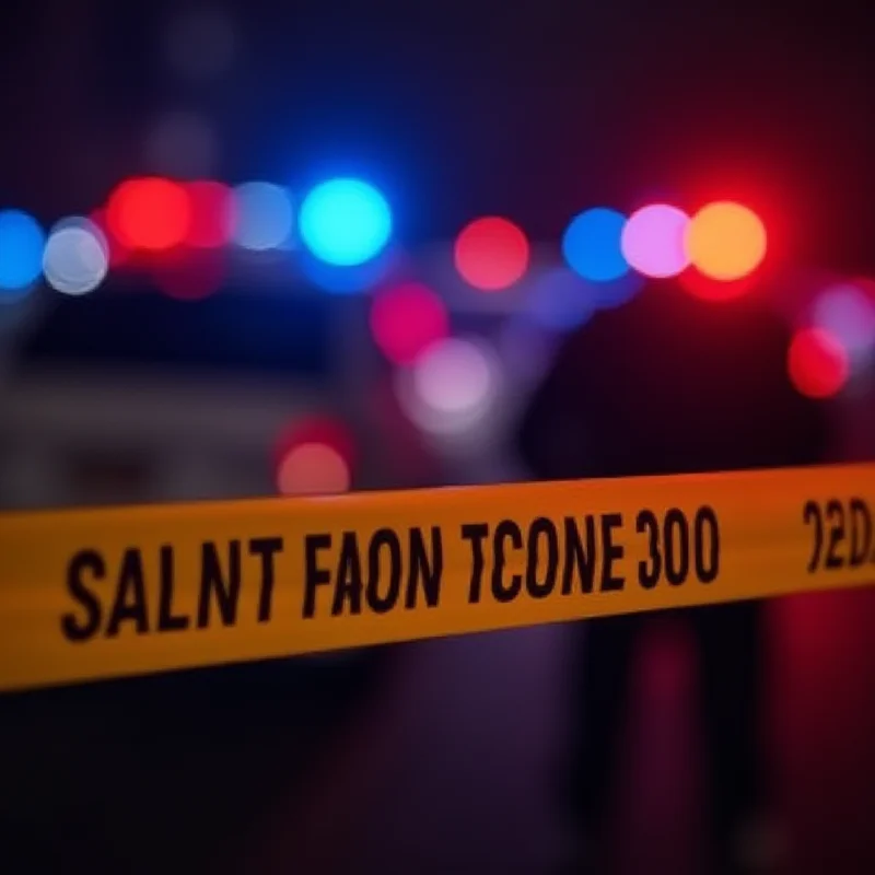A close-up image of a police crime scene tape, with blurred figures of police officers in the background. The scene is lit by flashing police lights.