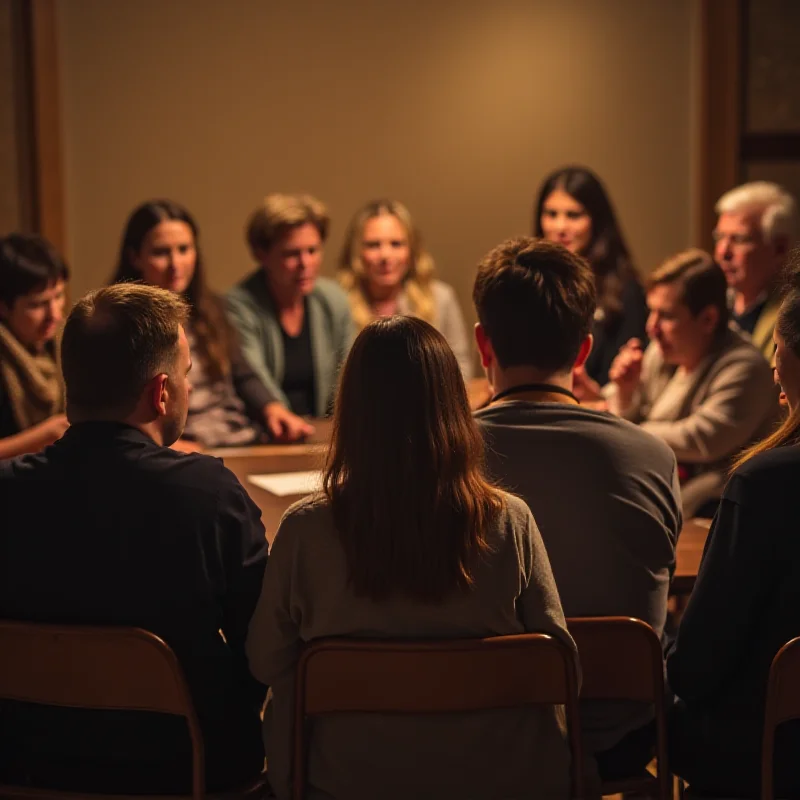 A diverse group of people listening attentively to a speaker during a support group meeting.