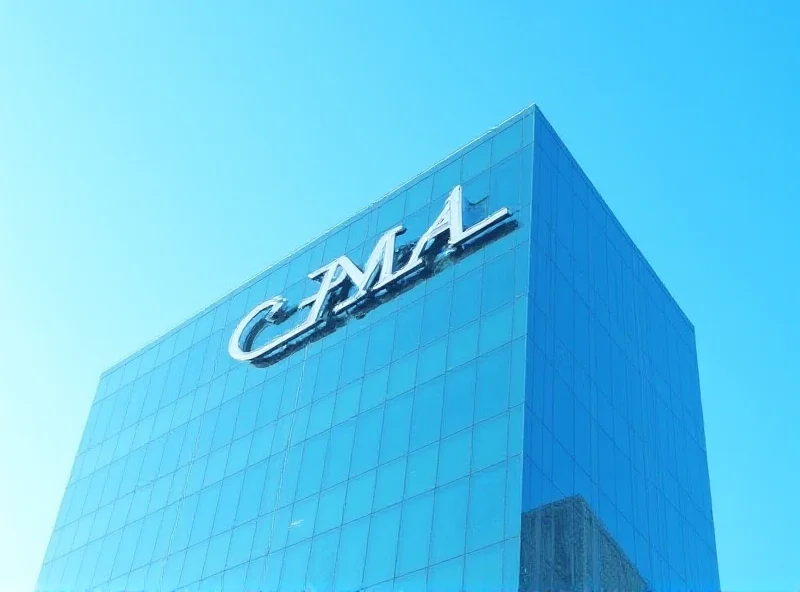 A modern glass office building with the CMA logo subtly displayed on the facade.