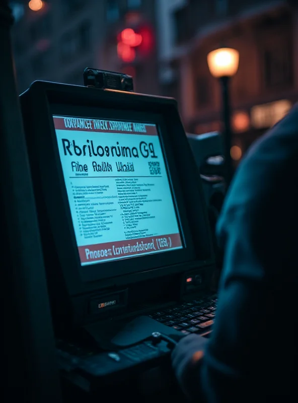 A close-up shot of a cryptocurrency ATM in a dimly lit urban setting, emphasizing the clandestine nature of illegal crypto operations.