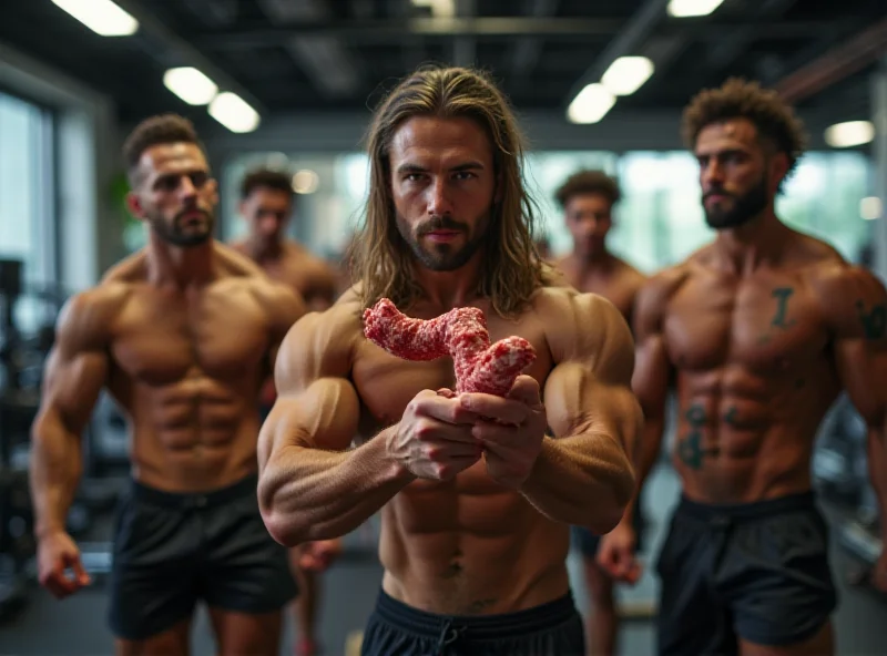 A group of fitness enthusiasts at a gym, one of them holding a meat snack with a questioning expression.