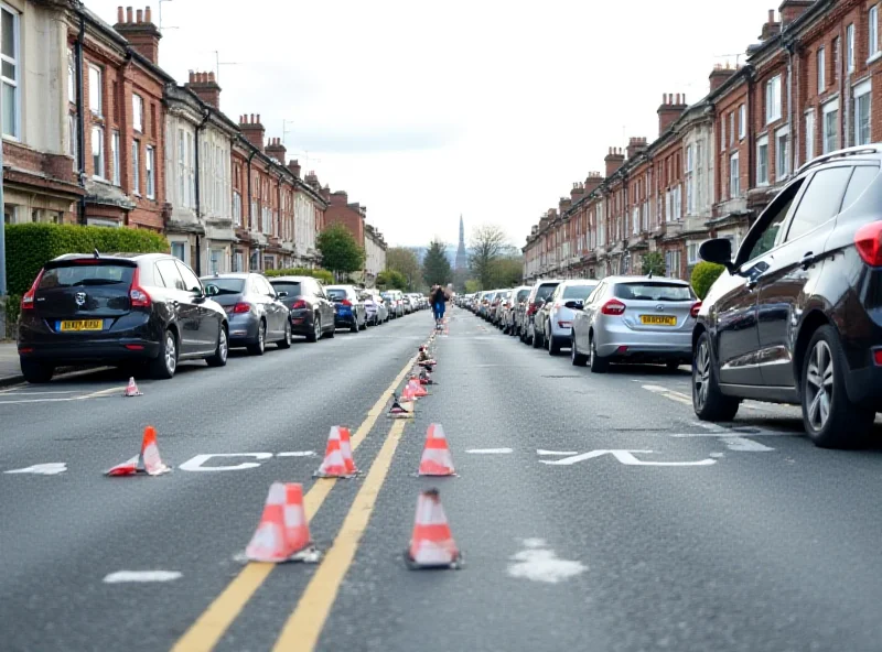 Wide angle shot of a street with tall cycling wands separating the bike lane from the car lanes, showing cars trying to navigate around the wands.