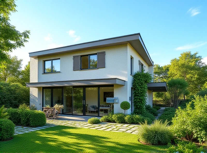 Illustration of a modern home with a heat pump installed outside, surrounded by greenery, showcasing sustainable living.