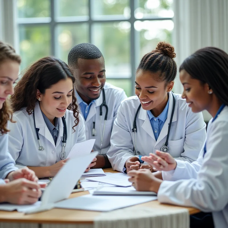 A diverse group of medical students studying together in a modern library, symbolizing equal access to education.