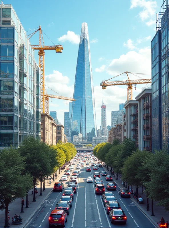 A vibrant and bustling cityscape of London, with iconic landmarks like the Shard and the London Eye. Depict a sense of economic activity and growth, with modern architecture and busy streets.