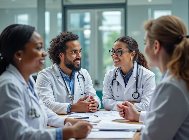 A diverse group of medical students in a modern classroom setting, engaging in a discussion. Focus on inclusivity and equal opportunities, with students from various backgrounds and ethnicities. The setting should look professional and academic.