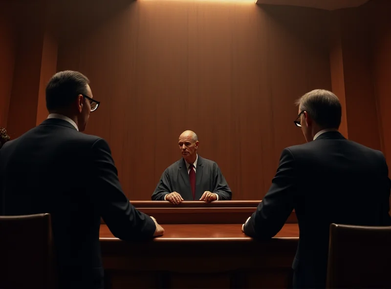 Courtroom scene with lawyers and judge, serious atmosphere