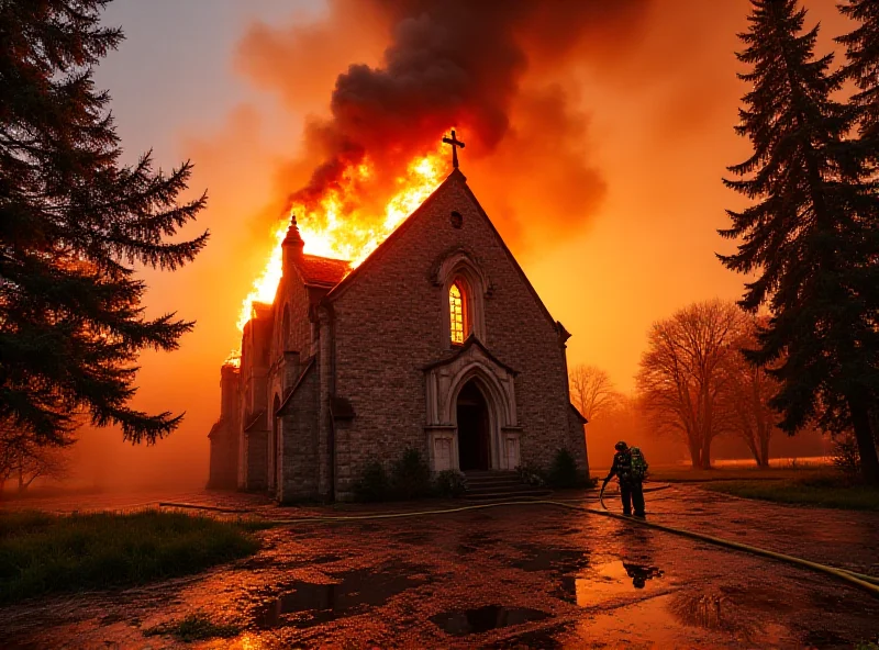Exterior of the historic church engulfed in flames with smoke billowing from the roof.