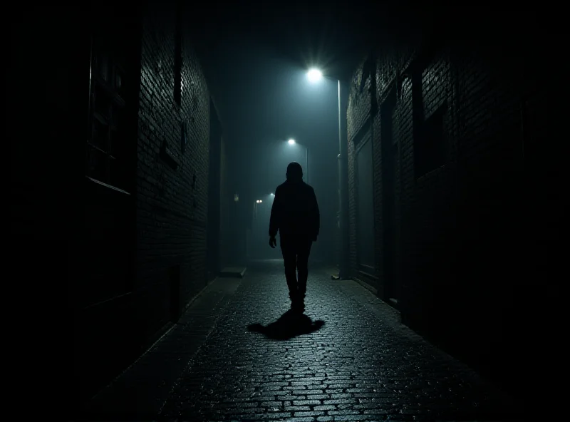 An alleyway at night near a London Tube station, silhouetted figure walking away.