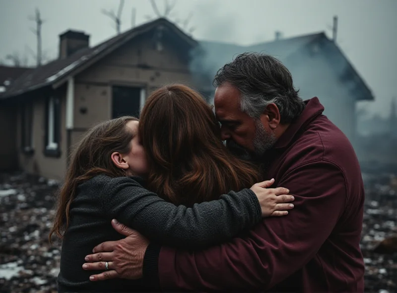 A grieving family huddles together outside their burned-out home, holding each other for support.